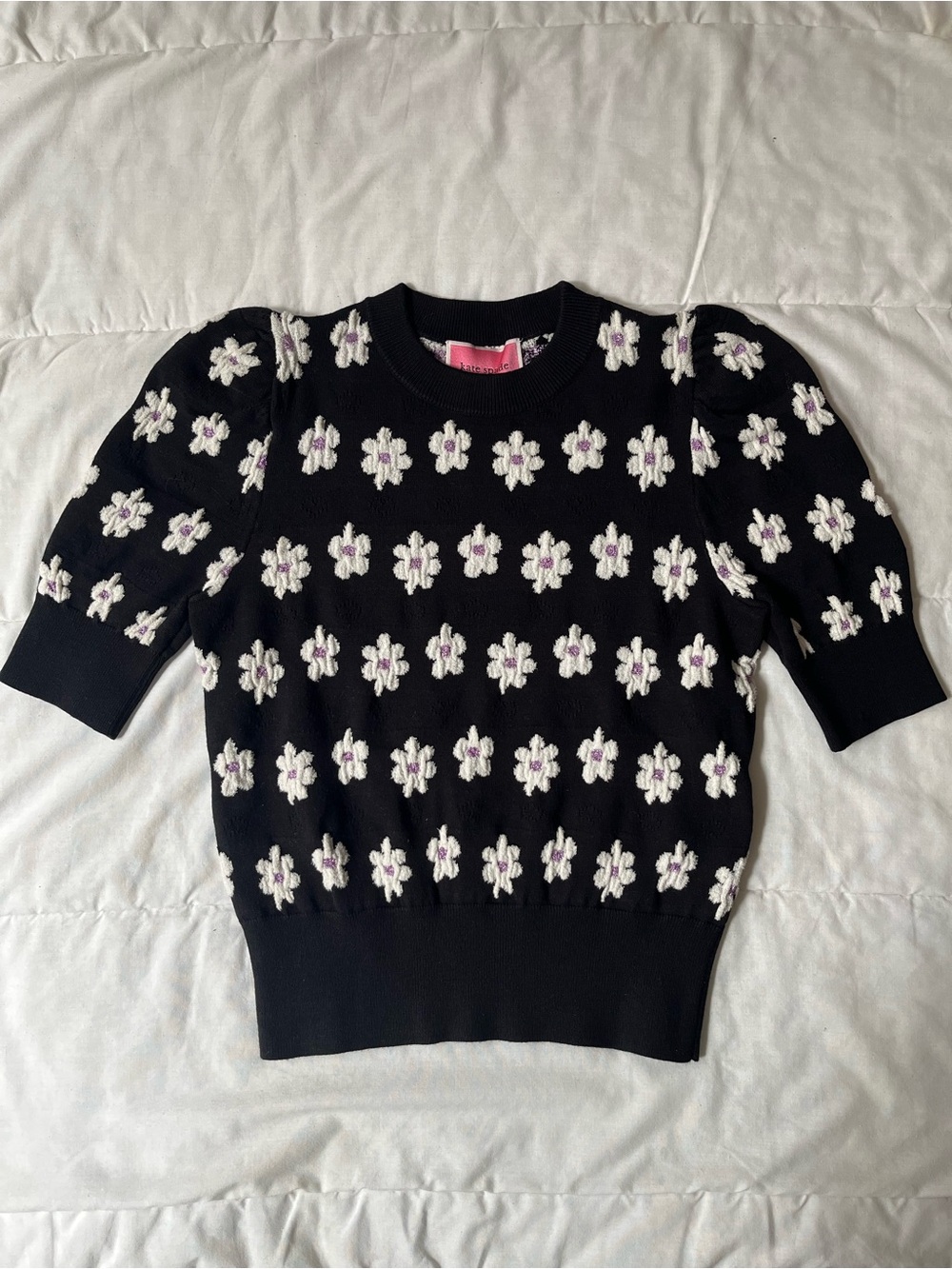 Kate Spade Marker Black Floral Knit Short-Sleeve Sweater